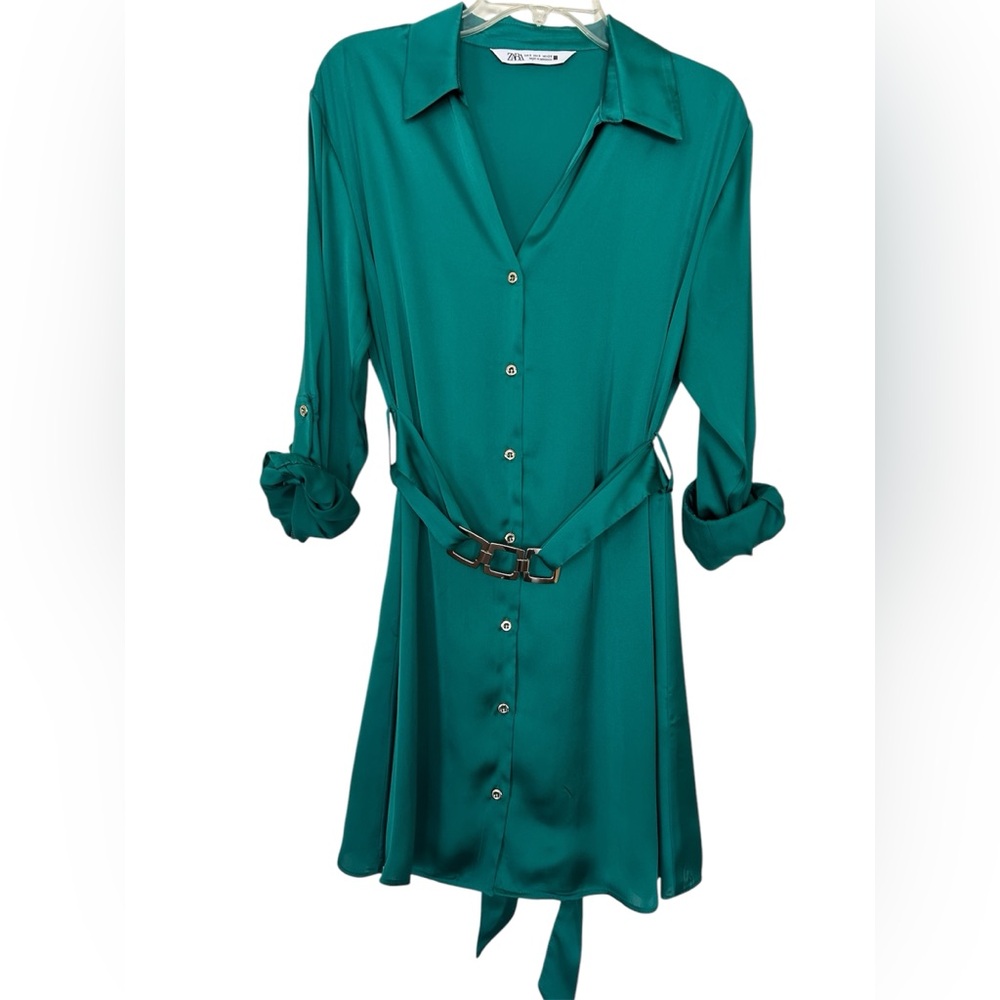 Zara Green Long Sleeve Shirt Dress